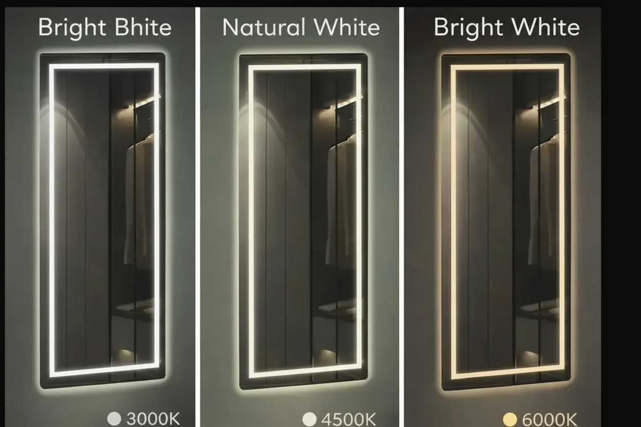 Full length LED mirror showing three lighting modes including warm white, natural white, and bright white illumination
