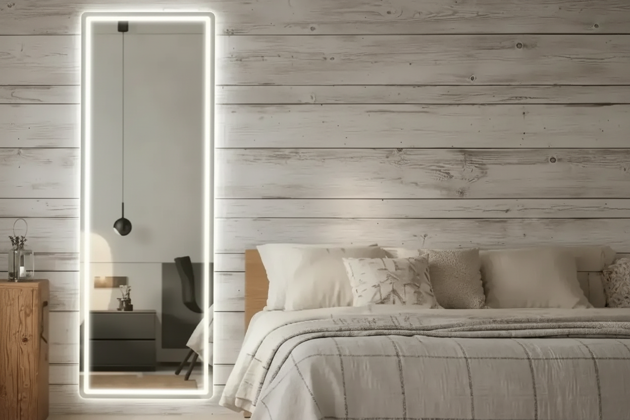White full length LED mirror placed in bedroom showing illuminated frame and freestanding design