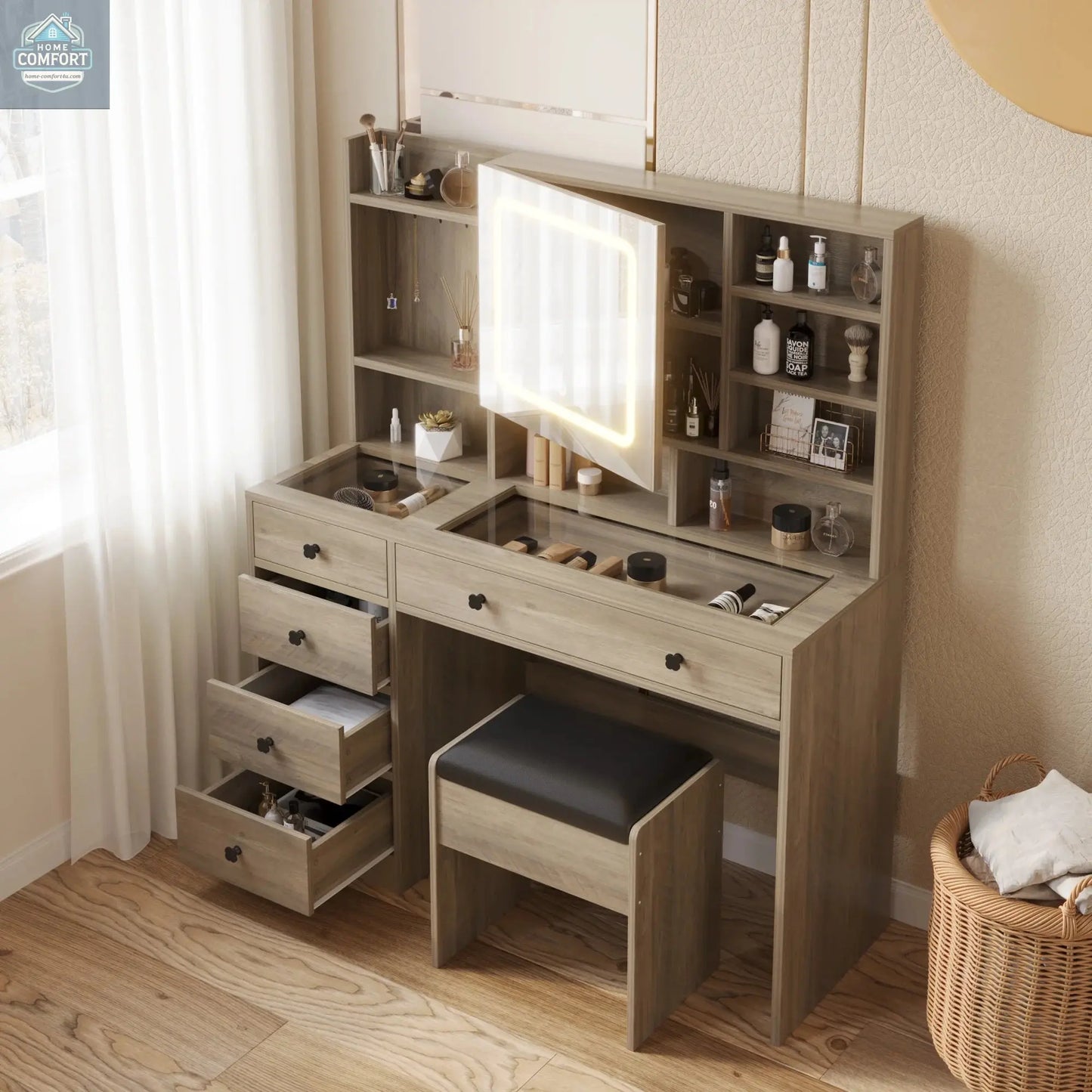 Ktaxon Large 47.2" Makeup Vanity with 3 Color Lights, Vanity Desk with USB Charging Station, Vanity Makeup Table with Visible Drawers, Hidden and Open Storage Shelves, White
