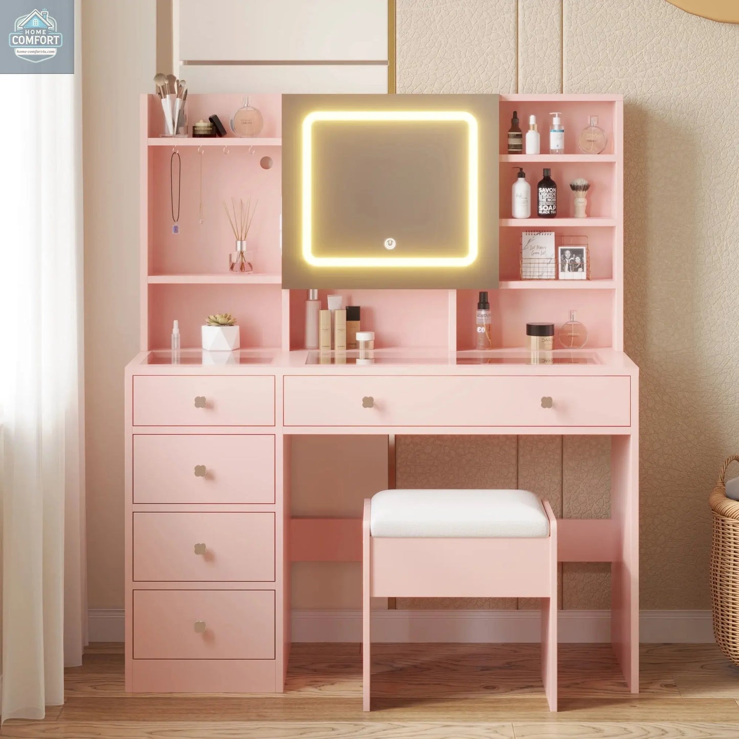 Ktaxon Large 47.2" Makeup Vanity with 3 Color Lights, Vanity Desk with USB Charging Station, Vanity Makeup Table with Visible Drawers, Hidden and Open Storage Shelves, White