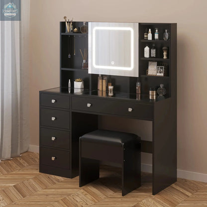 Ktaxon Large 47.2" Makeup Vanity with 3 Color Lights, Vanity Desk with USB Charging Station, Vanity Makeup Table with Visible Drawers, Hidden and Open Storage Shelves, White