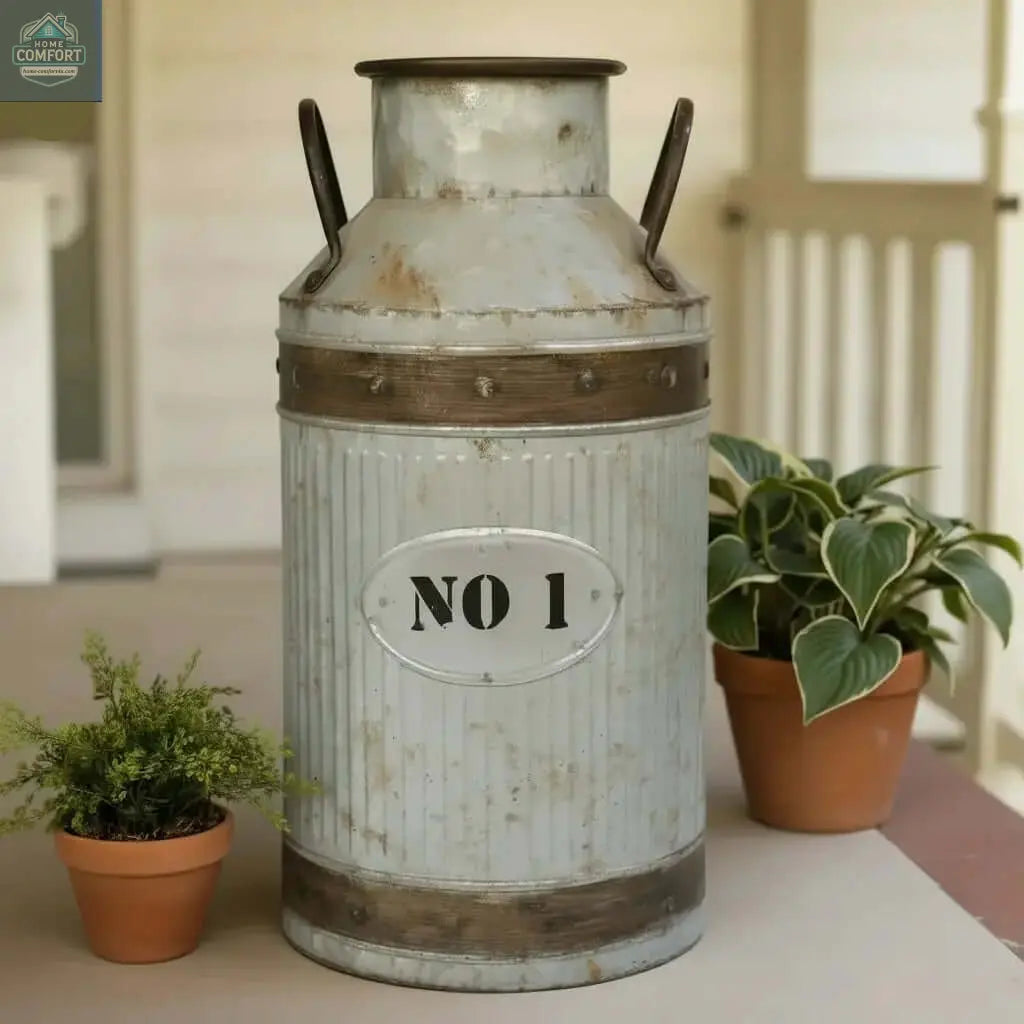 Vintage-style metal milk can with 'No 1' label on a concrete surface, surrounded by plants.