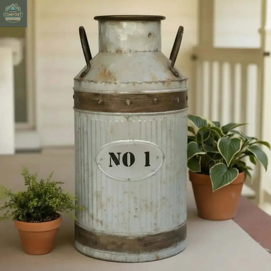 Vintage-style metal milk can with 'No 1' label on a concrete surface, surrounded by plants.