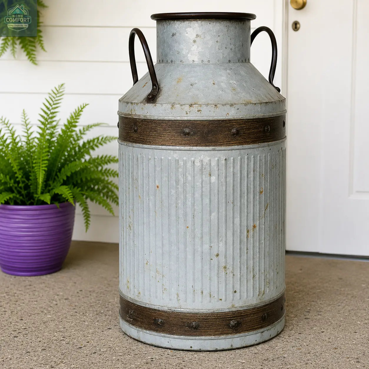 Vintage-style metal milk can on a concrete surface, surrounded by plants
