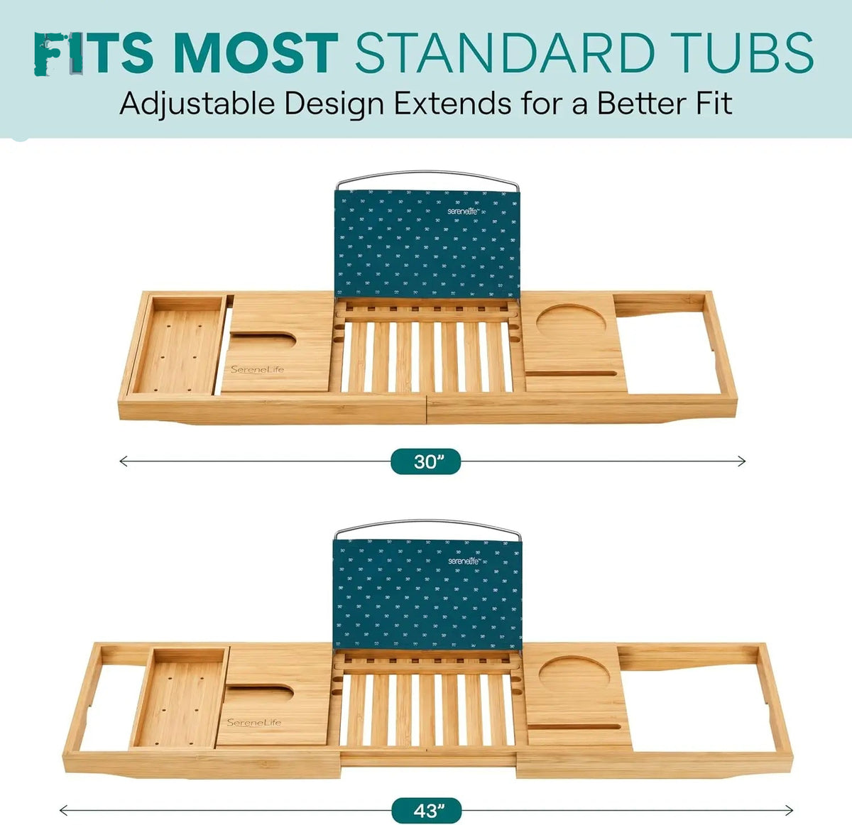 Luxury Bamboo Bathtub Caddy Tray - Adjustable Natural Wood Bath Tub Organizer with Wine Holder, Cup Placement, Soap Dish, Book Space & Phone Slot for Spa, Bathroom & Shower - SLBCAD20