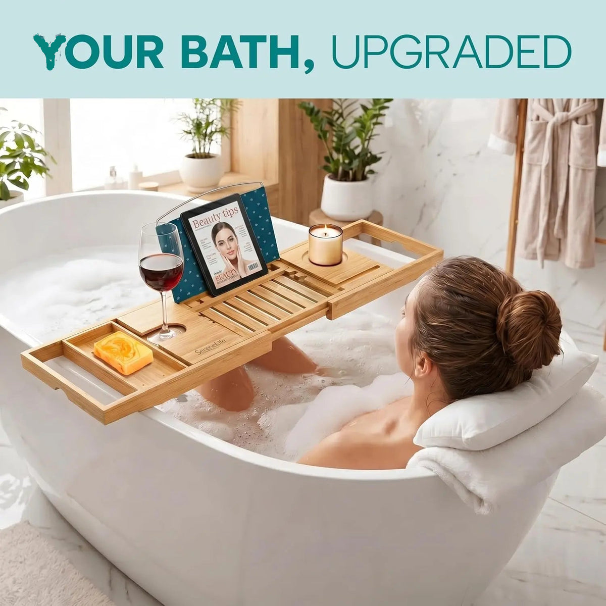 Luxury Bamboo Bathtub Caddy Tray - Adjustable Natural Wood Bath Tub Organizer with Wine Holder, Cup Placement, Soap Dish, Book Space & Phone Slot for Spa, Bathroom & Shower - 