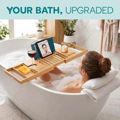 Luxury Bamboo Bathtub Caddy Tray - Adjustable Natural Wood Bath Tub Organizer with Wine Holder, Cup Placement, Soap Dish, Book Space & Phone Slot for Spa, Bathroom & Shower - 