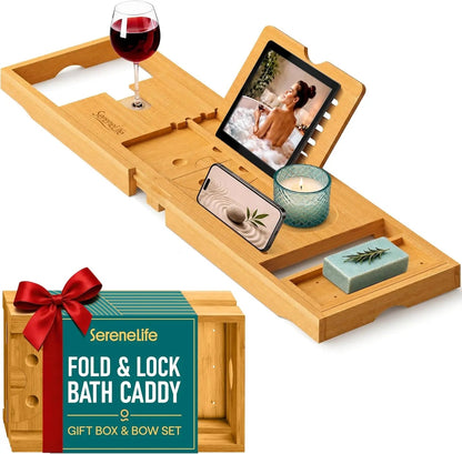 Luxury Bamboo Bathtub Caddy Tray - Adjustable Natural Wood Bath Tub Organizer with Wine Holder, Cup Placement, Soap Dish, Book Space & Phone Slot for Spa, Bathroom & Shower - 
