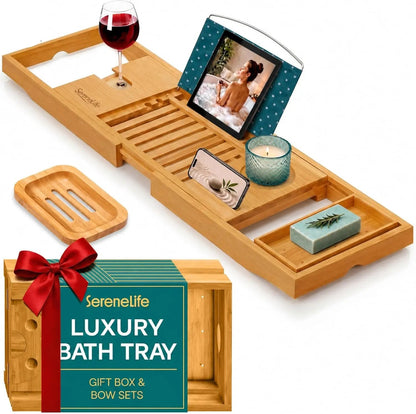 Luxury Bamboo Bathtub Caddy Tray - Adjustable Natural Wood Bath Tub Organizer with Wine Holder, Cup Placement, Soap Dish, Book Space & Phone Slot for Spa, Bathroom & Shower - 