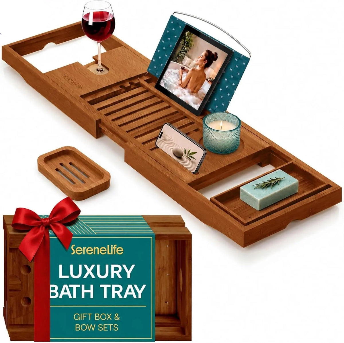Luxury Bamboo Bathtub Caddy Tray - Adjustable Natural Wood Bath Tub Organizer with Wine Holder, Cup Placement, Soap Dish, Book Space & Phone Slot for Spa, Bathroom & Shower - 