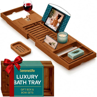Luxury Bamboo Bathtub Caddy Tray - Adjustable Natural Wood Bath Tub Organizer with Wine Holder, Cup Placement, Soap Dish, Book Space & Phone Slot for Spa, Bathroom & Shower - 