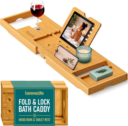 Luxury Bamboo Bathtub Caddy Tray - Adjustable Natural Wood Bath Tub Organizer with Wine Holder, Cup Placement, Soap Dish, Book Space & Phone Slot for Spa, Bathroom & Shower - 