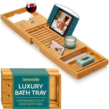 Luxury Bamboo Bathtub Caddy Tray - Adjustable Natural Wood Bath Tub Organizer with Wine Holder, Cup Placement, Soap Dish, Book Space & Phone Slot for Spa, Bathroom & Shower - 