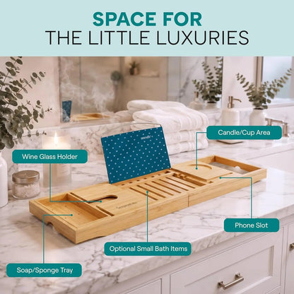 Luxury Bamboo Bathtub Caddy Tray - Adjustable Natural Wood Bath Tub Organizer with Wine Holder, Cup Placement, Soap Dish, Book Space & Phone Slot for Spa, Bathroom & Shower - 