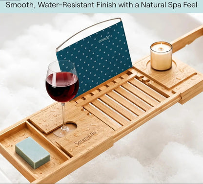 Luxury Bamboo Bathtub Caddy Tray - Adjustable Natural Wood Bath Tub Organizer with Wine Holder, Cup Placement, Soap Dish, Book Space & Phone Slot for Spa, Bathroom & Shower - 