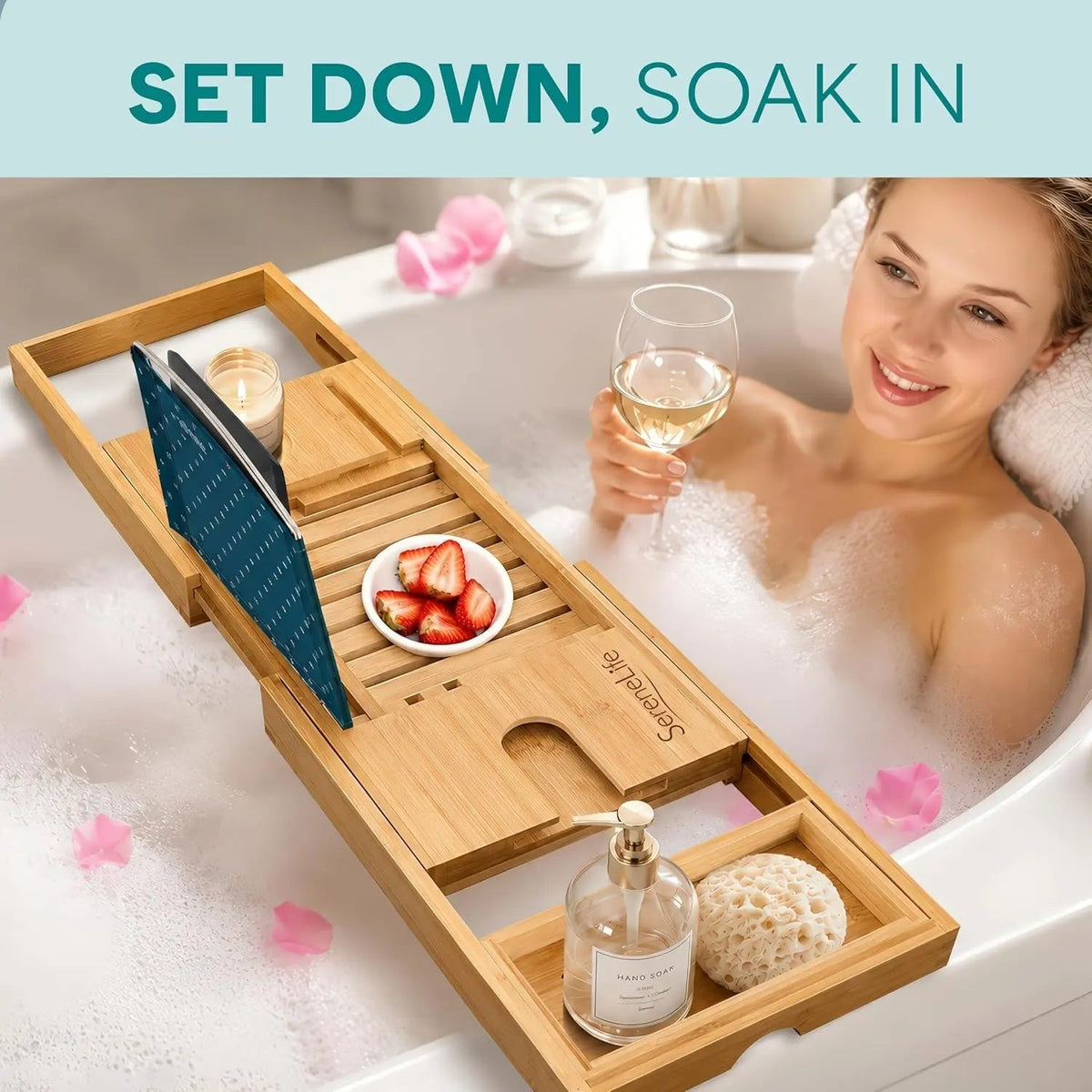 Luxury Bamboo Bathtub Caddy Tray - Adjustable Natural Wood Bath Tub Organizer with Wine Holder, Cup Placement, Soap Dish, Book Space & Phone Slot for Spa, Bathroom & Shower - 