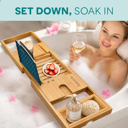 Luxury Bamboo Bathtub Caddy Tray - Adjustable Natural Wood Bath Tub Organizer with Wine Holder, Cup Placement, Soap Dish, Book Space & Phone Slot for Spa, Bathroom & Shower - 