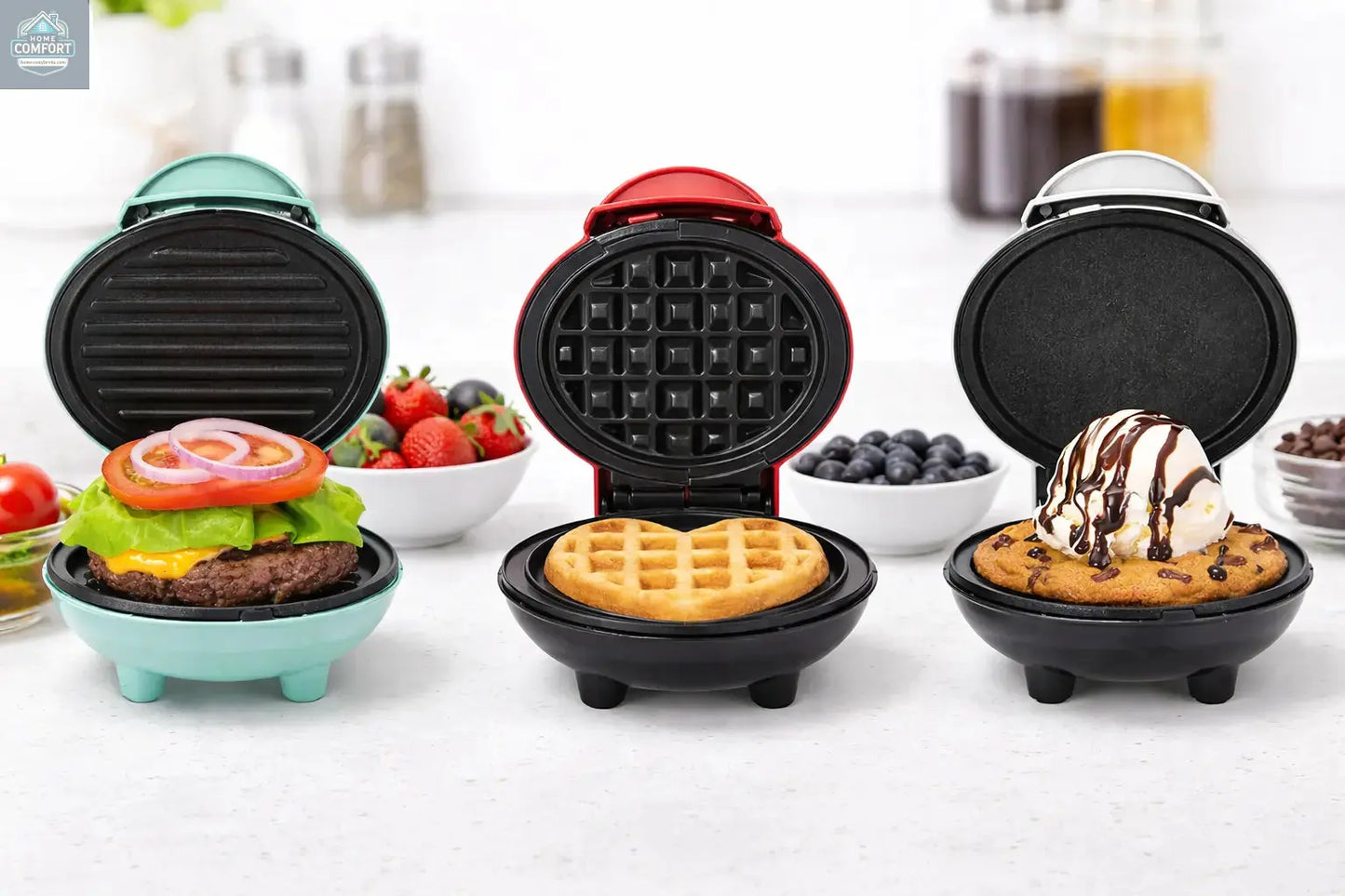 Three mini waffle makers open on a kitchen counter showing burger, waffle, and dessert cooking examples.