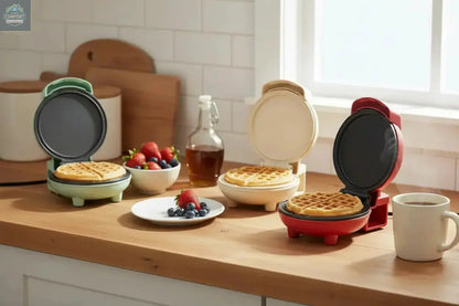 Three compact mini waffle makers in different colors displayed on a white background with one open showing cooking surface.