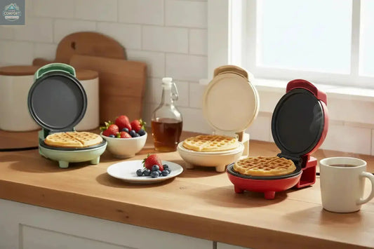 Three compact mini waffle makers in different colors displayed on a white background with one open showing cooking surface.