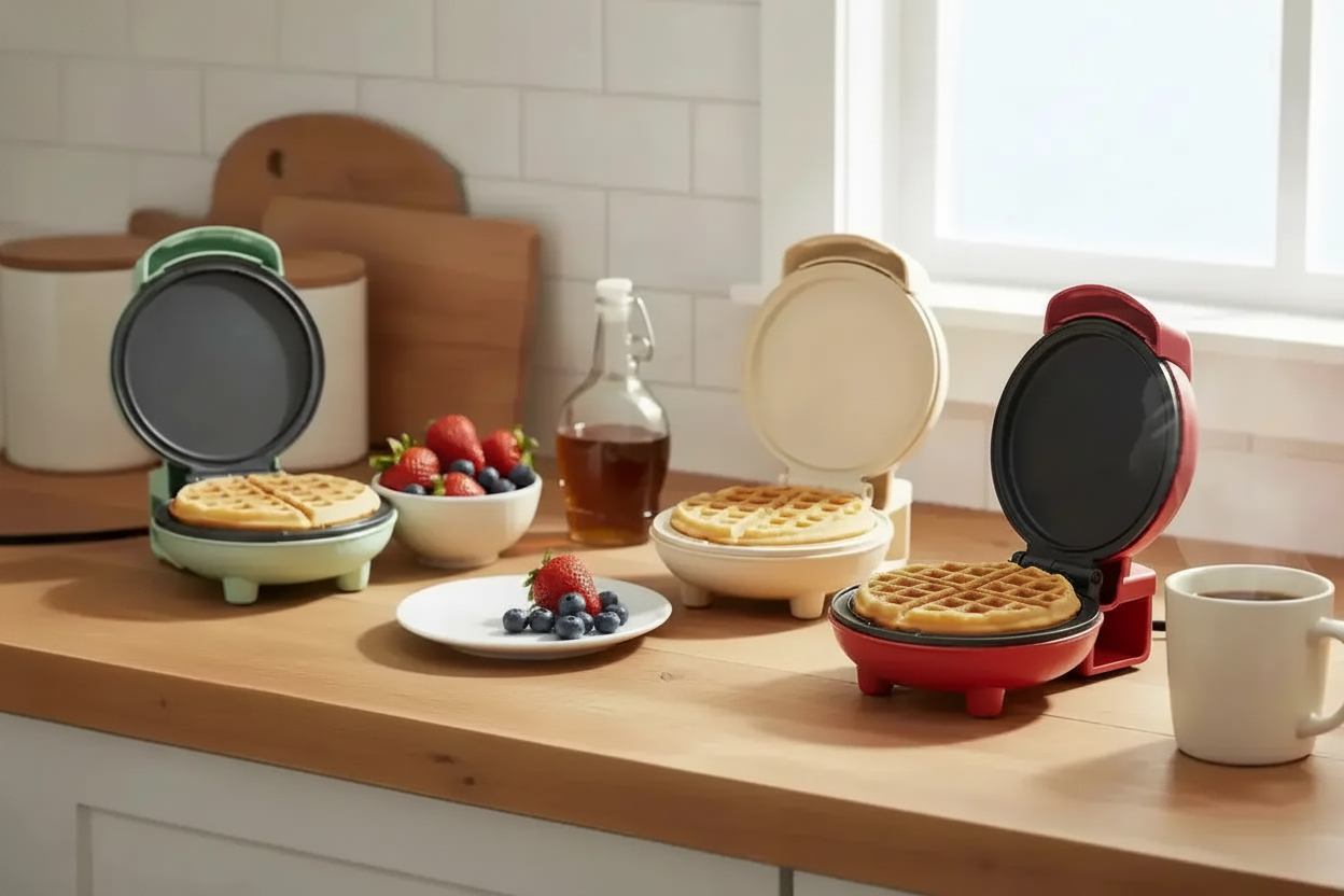 Three compact mini waffle makers in different colors displayed on a white background with one open showing cooking surface.
