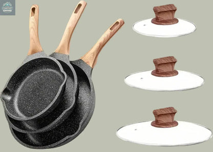 3-piece nonstick frying pan set with wooden handles and glass lids showing multiple pan sizes