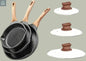 3-piece nonstick frying pan set with wooden handles and glass lids showing multiple pan sizes