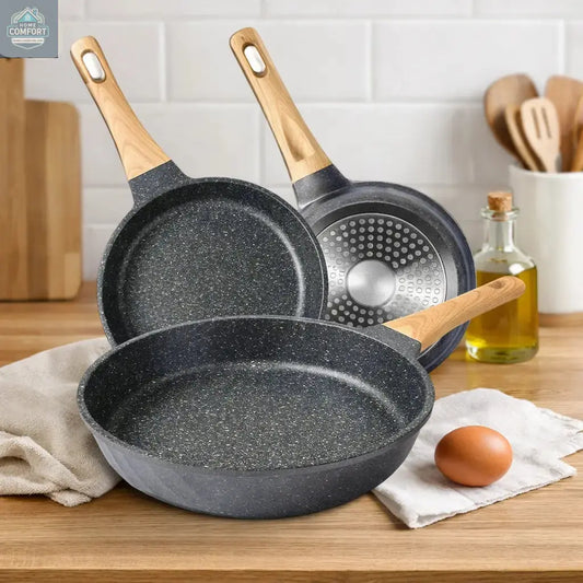  3-piece granite nonstick frying pan set with wooden handles displayed on kitchen counter