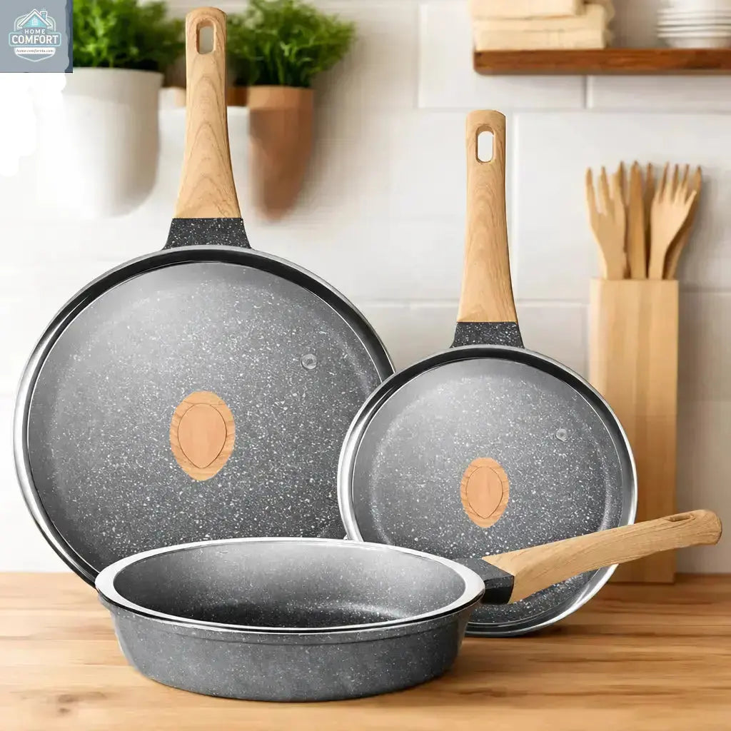 granite nonstick frying pan set displayed in a kitchen with wooden handles and speckled cooking surface