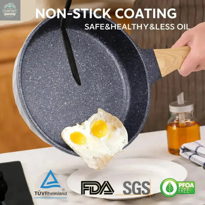 Demonstration of nonstick frying pan surface cooking eggs with minimal sticking