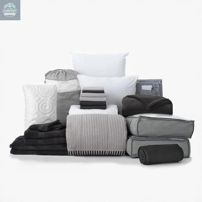 OCM Preferred Dorm Essentials Value Pack - 23 Piece Twin XL Set | Twin XL | Comforter, Sheets, Pad, Topper, Towels, Organization, Storage | Preston Black and Gray | Graphic Black, Gray and White