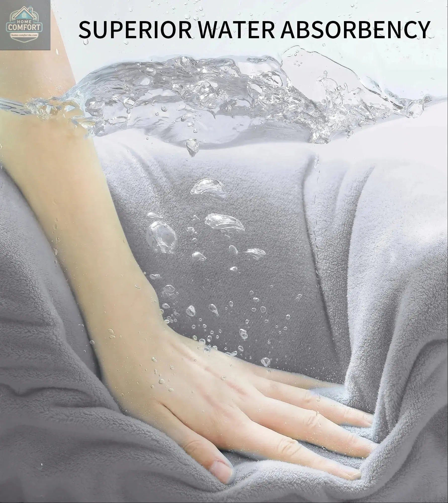 Hand touching gray fabric with water droplets, emphasizing superior water absorbency.