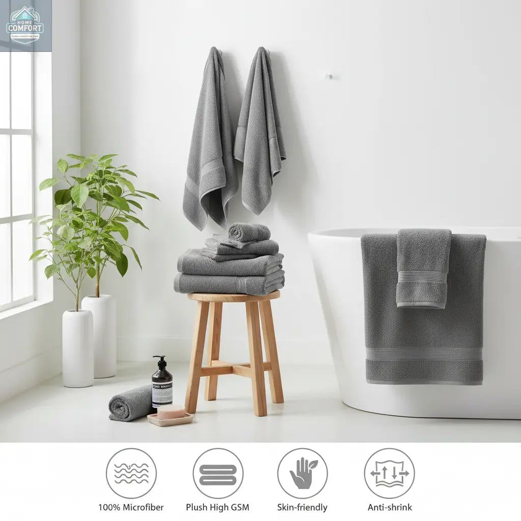 Gray bath towel set with a bathtub, stool, and window in a bathroom setting.