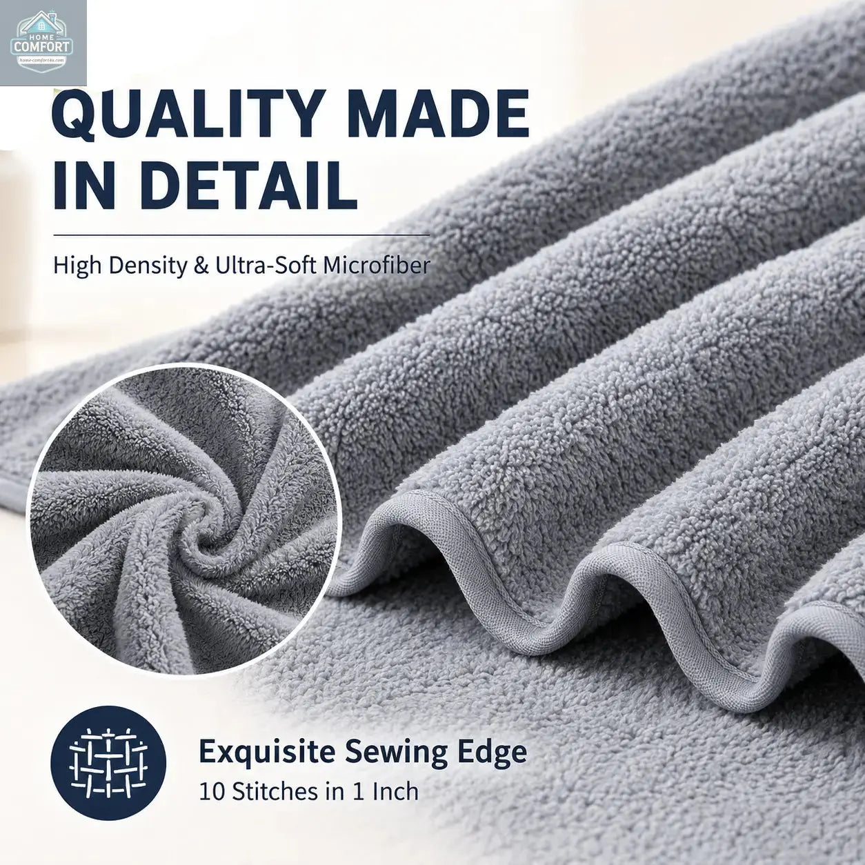 Gray microfiber towel with close-up of texture and text highlighting quality and features.