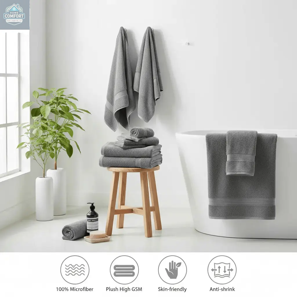 Oversized Bath Towel set Gray bath towel set with a bathtub, stool, and window in a bathroom setting.