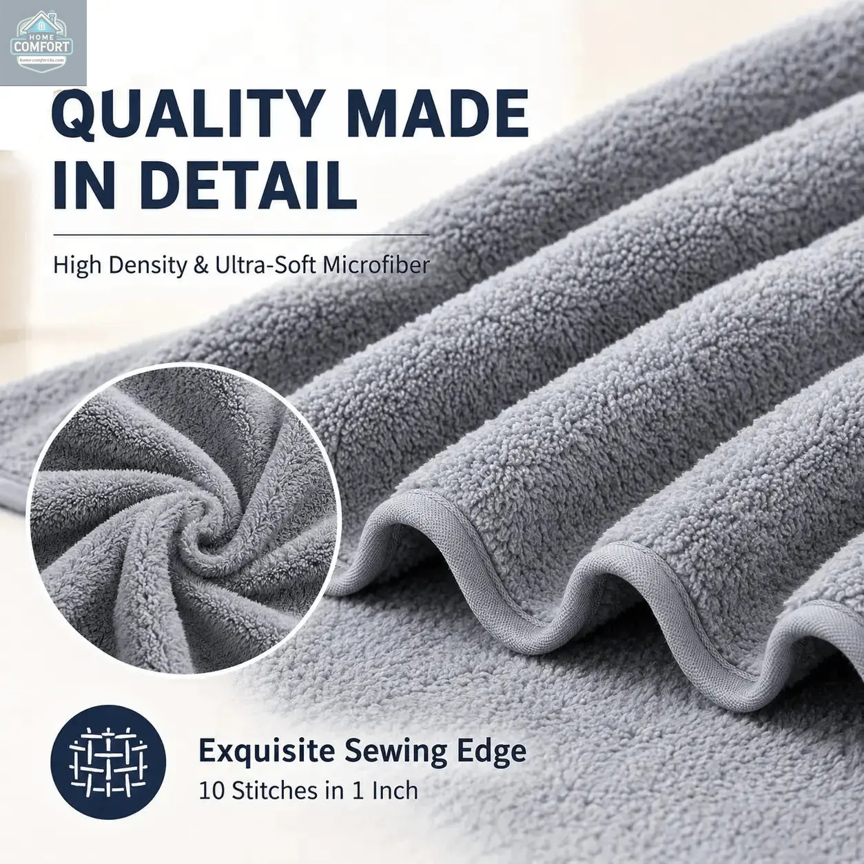 Oversized Bath Towel set Gray microfiber towel with close-up of texture and text highlighting quality and features.