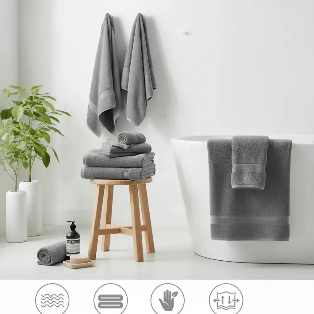 Oversized Bath Towel set Gray bath towel set with a bathtub, stool, and window in a bathroom setting.