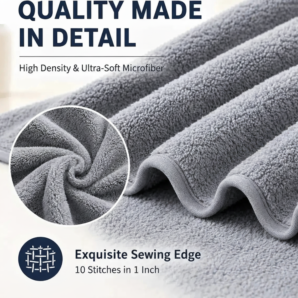 Oversized Bath Towel set Gray microfiber towel with close-up of texture and text highlighting quality and features.
