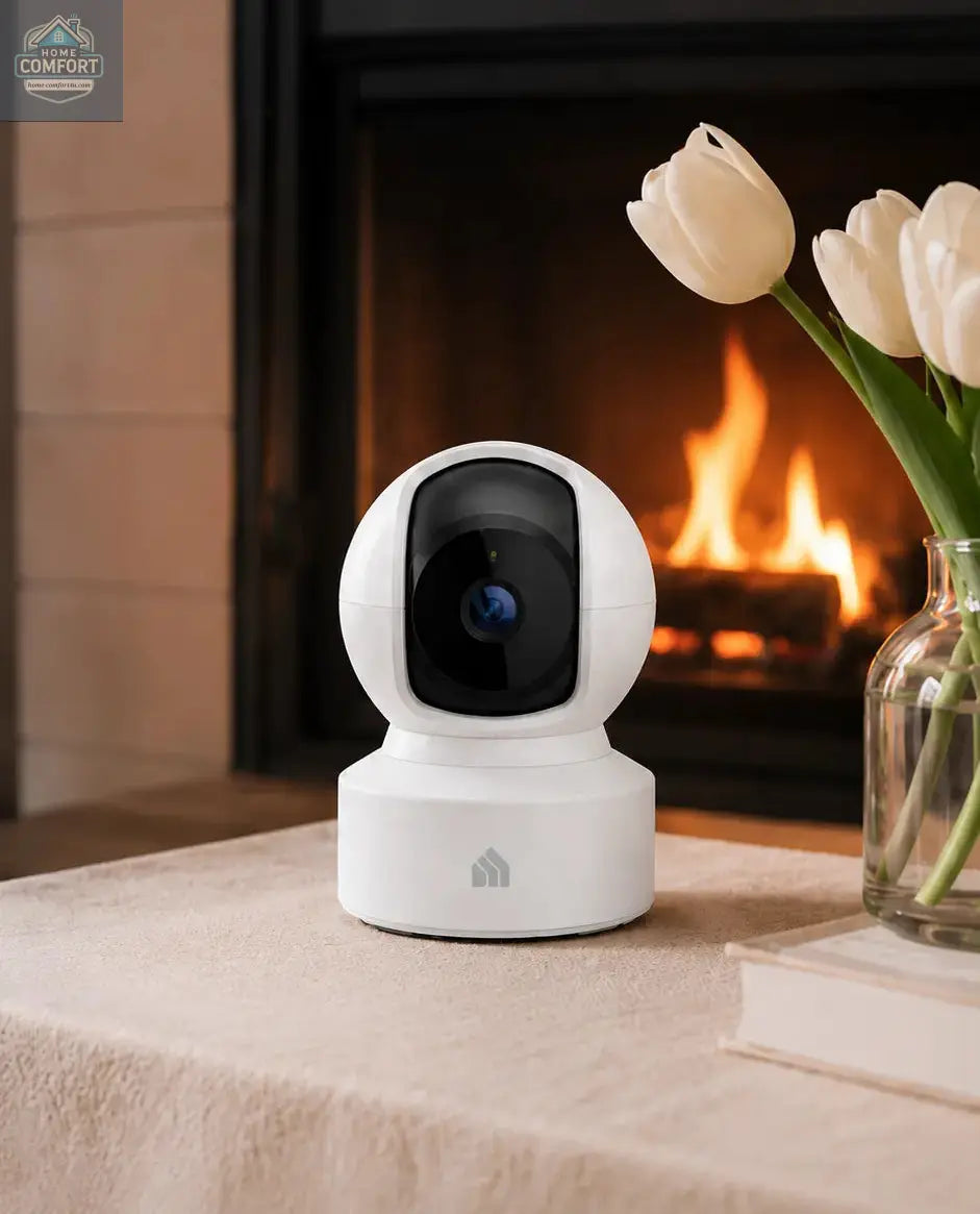 White security camera on a table with a fireplace and flowers in the background