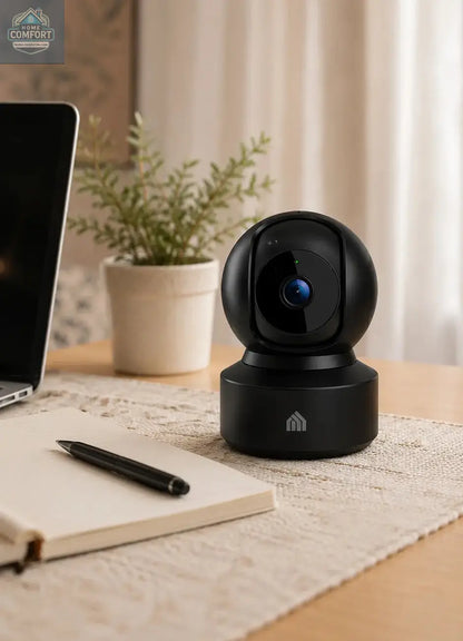 Black security camera on a desk with a laptop, notebook, and pen in a home office setting.