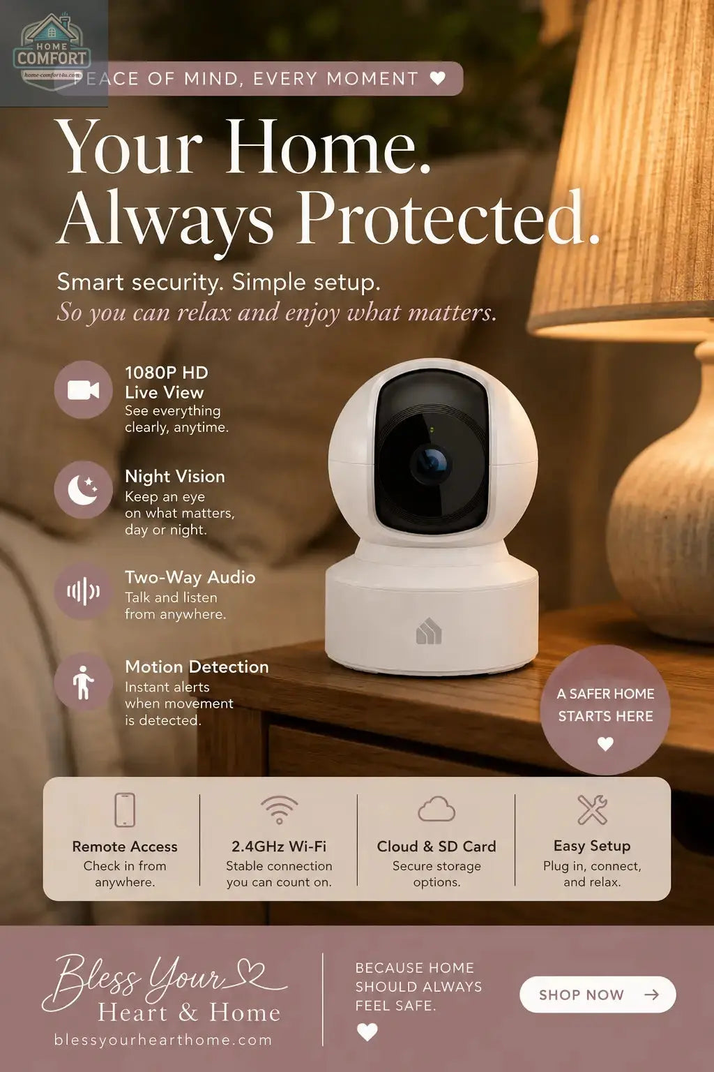 Smart home security camera with features listed on a promotional background