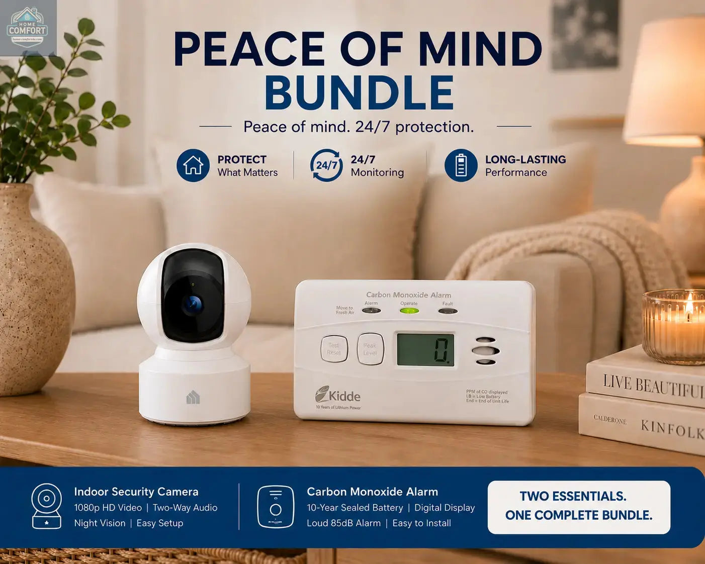 Security camera and carbon monoxide alarm on a table with promotional text about the 'Peace of Mind Bundle'.