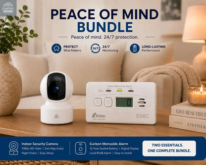 Security camera and carbon monoxide alarm on a table with promotional text about the 'Peace of Mind Bundle'.
