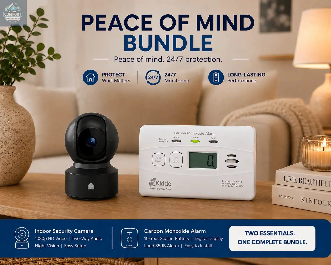 Peace of Mind Bundle with indoor security camera and carbon monoxide alarm on a table.