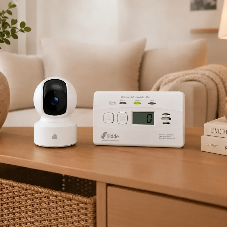 A carbon monoxide alarm next to a white security camera on a wooden table in a cozy living room setting.