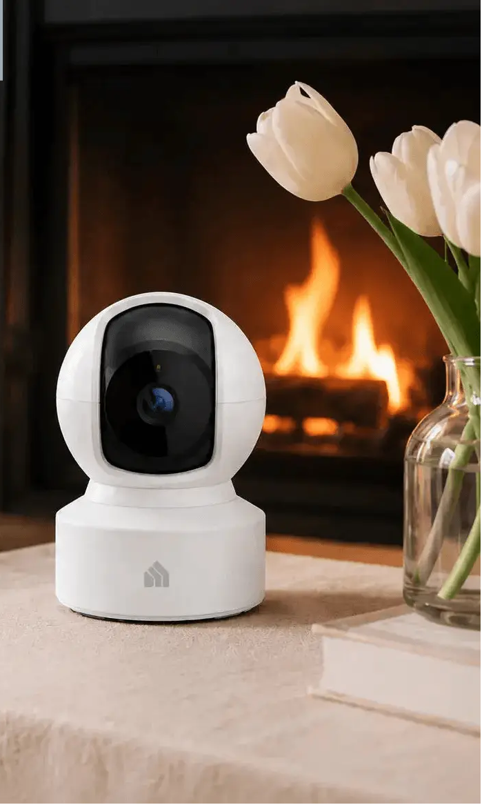 White security camera on a table with a fireplace and flowers in the background