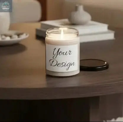 Personalized 9oz soy candle with custom label in reusable glass jar styled on a shelf for home décor