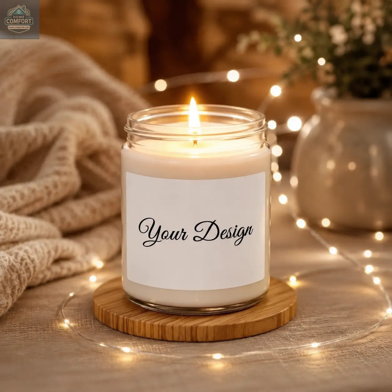 Candle in a glass jar with a wooden coaster on a wooden surface, surrounded by soft lighting and decor elements.