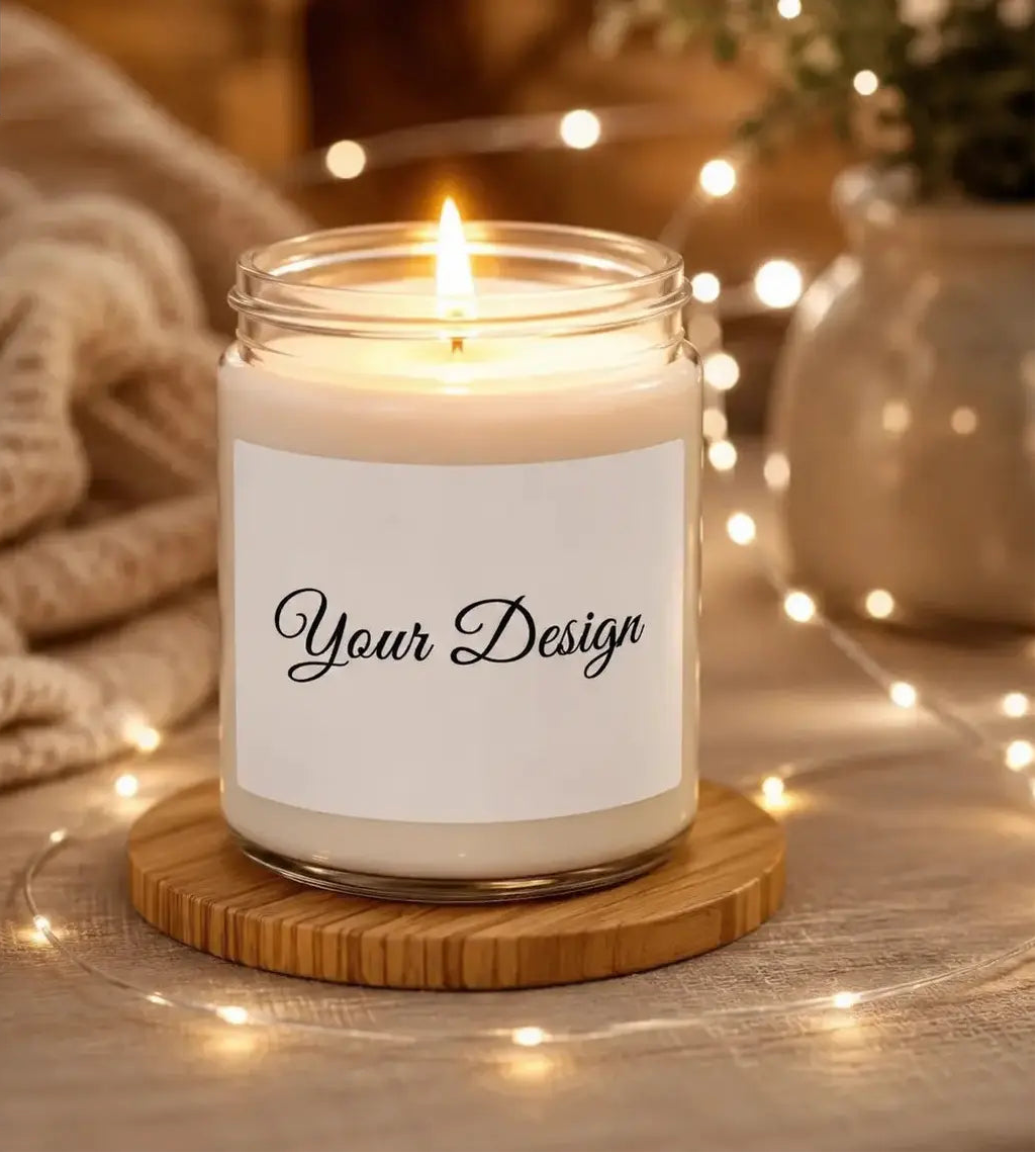 Candle in a glass jar with a wooden coaster on a wooden surface, surrounded by soft lighting and decor elements.
