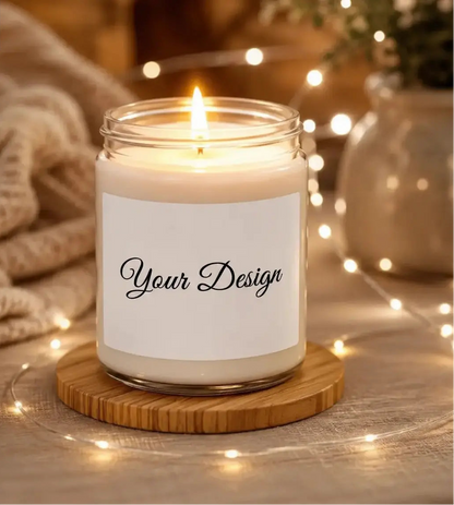 Candle in a glass jar with a wooden coaster on a wooden surface, surrounded by soft lighting and decor elements.